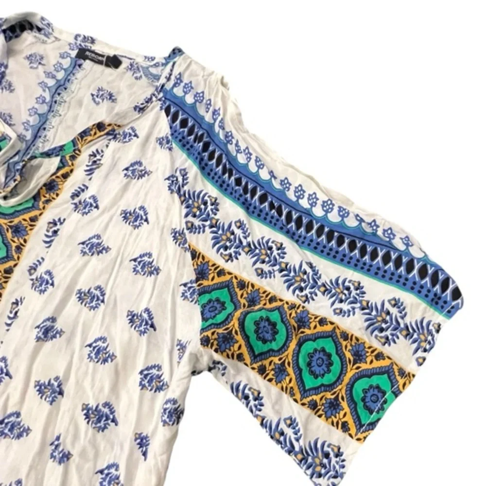 Reborn Blouse Womens Short Sleeve Floral Boho Tunic Pullover Slit Shoulder‎ MED